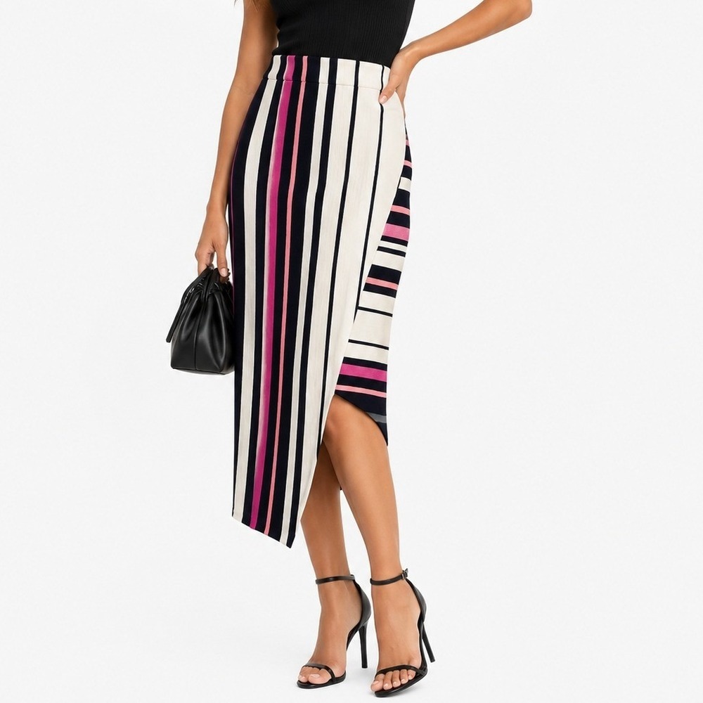 ELLIATT Midi Skirt Asymmetric Ribbed Knit Striped Multi-Color Navy Pink White S